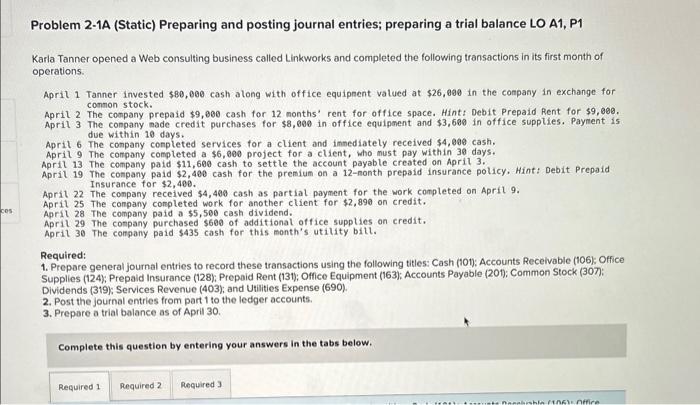  Problem 2-1A (Static) Preparing and posting journal entries; preparing a trial