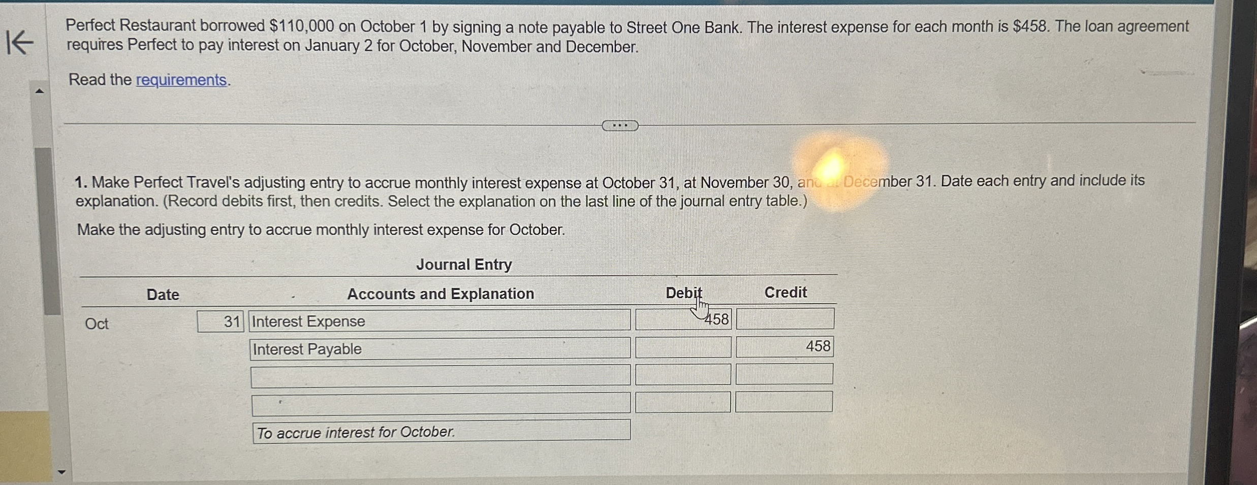  Perfect Restaurant borrowed $110,000 on October 1 by signing a note