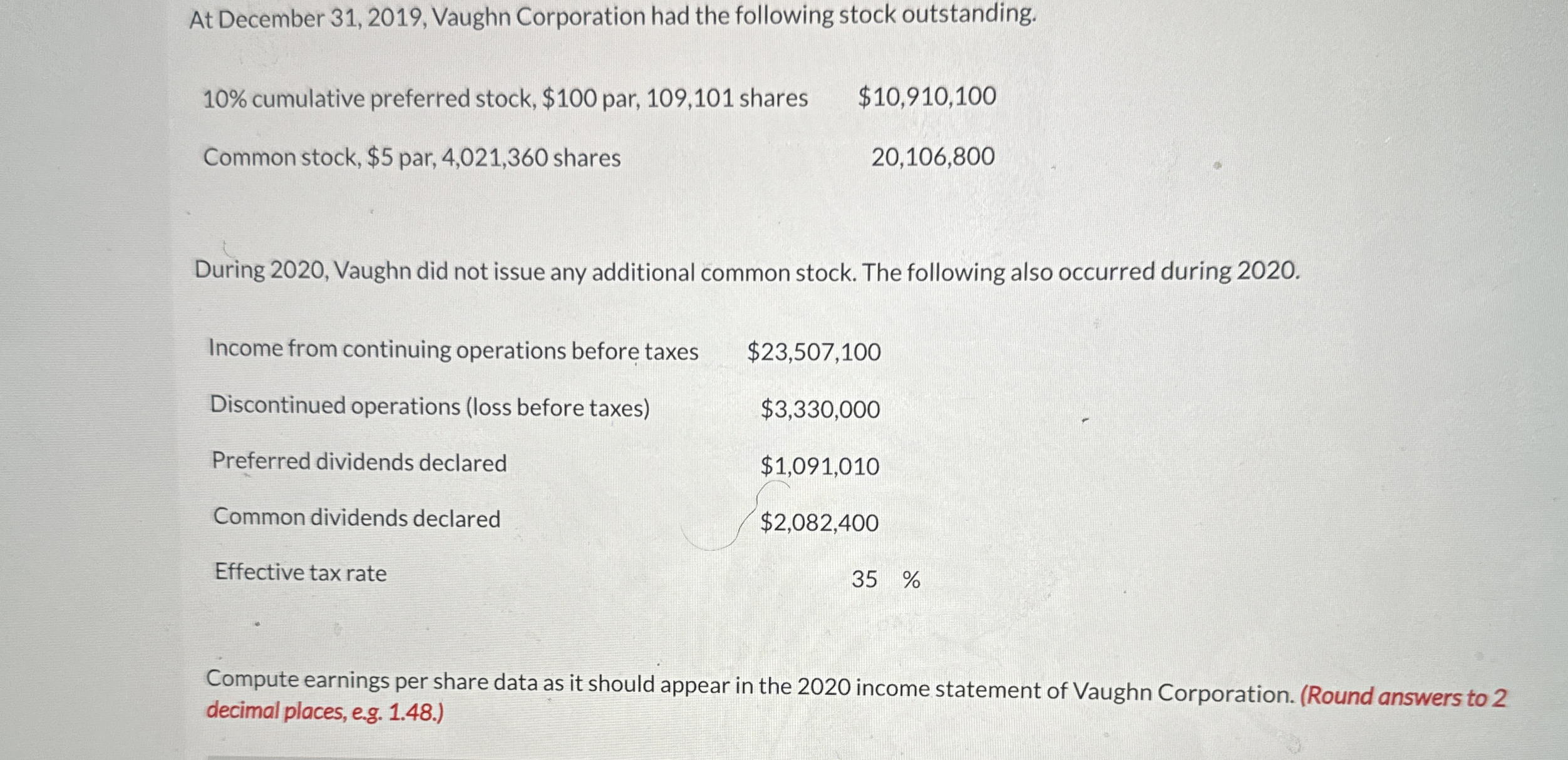  At December 31,2019, Vaughn Corporation had the following stock outstanding. 10%