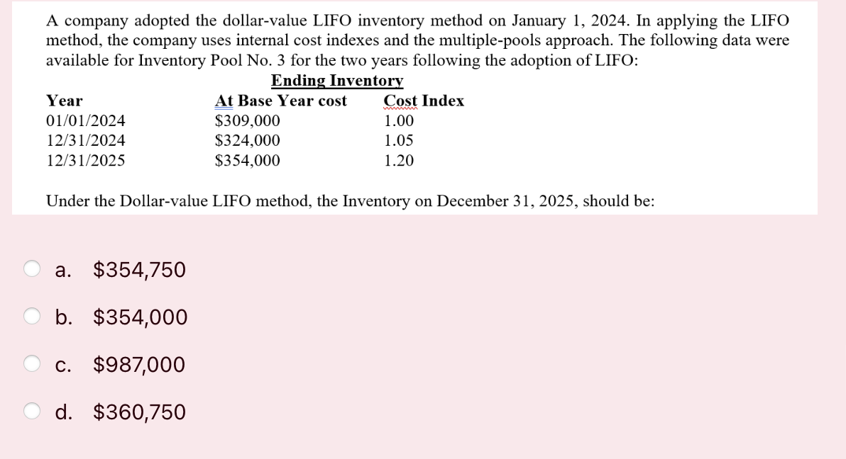  A company adopted the dollar-value LIFO inventory method on January 1,2024.