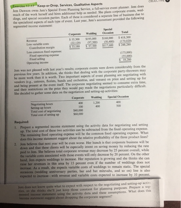  OBJECTWe g Exercise 17.17 Keep-or-Drop, Services, Qualitative Aspects Jem Dawson owns