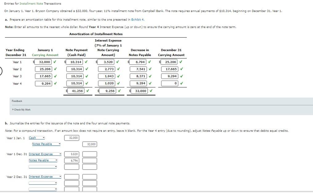  Entries for Installment Note Transactions a. Prepare an amortization table for