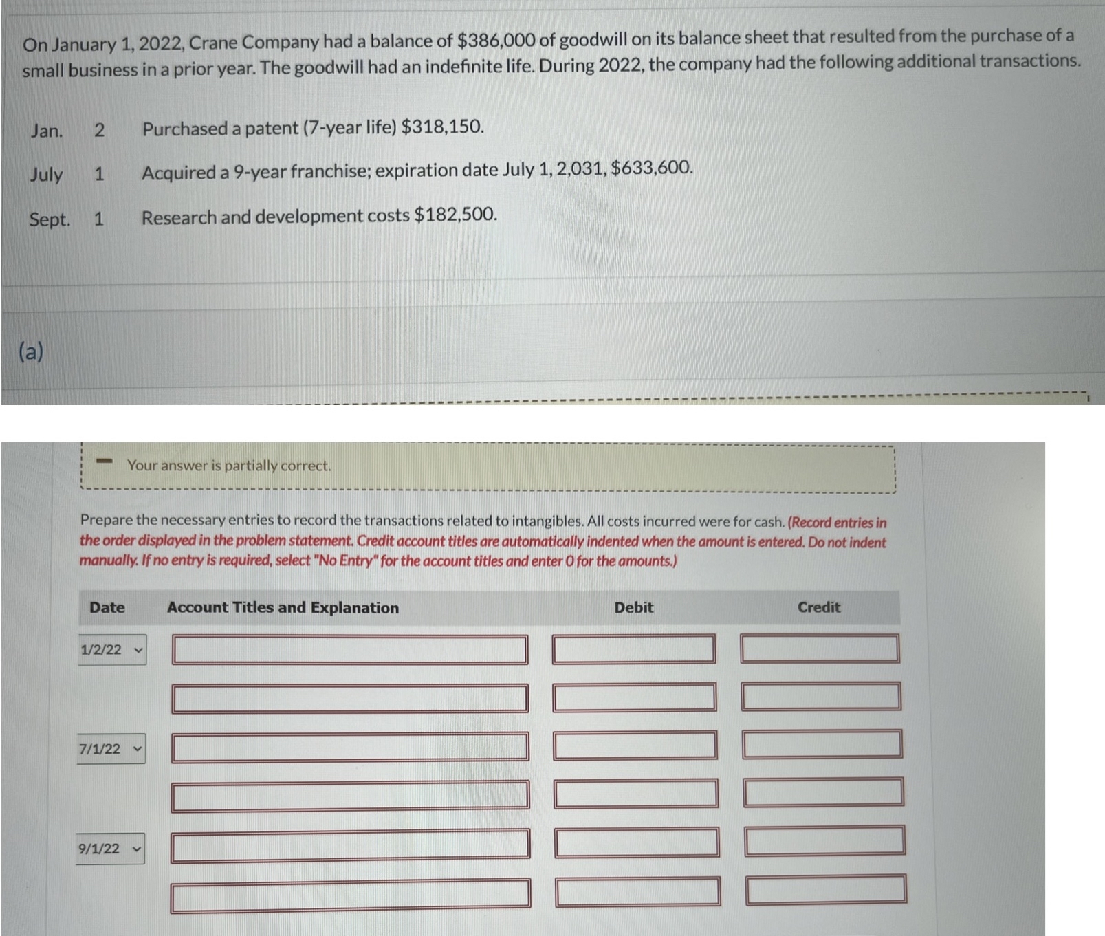  On January 1,2022, Crane Company had a balance of $386,000 of