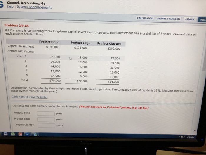  Kimmel, Accounting, 6e CALCULATOR PRINTER VERSION BACK NEX Problem 24-1A U3