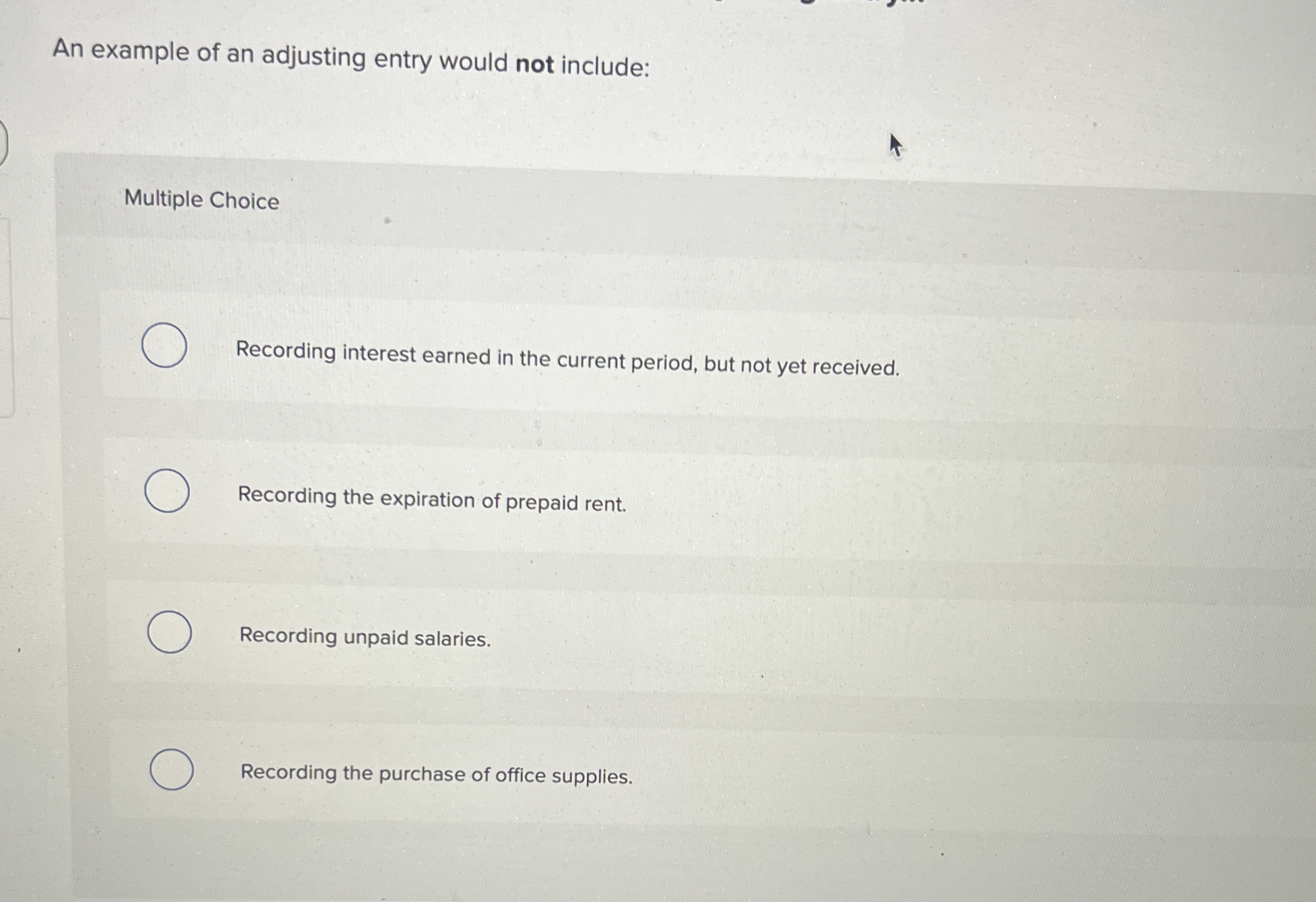 An example of an adjusting entry would not include: Multiple Choice