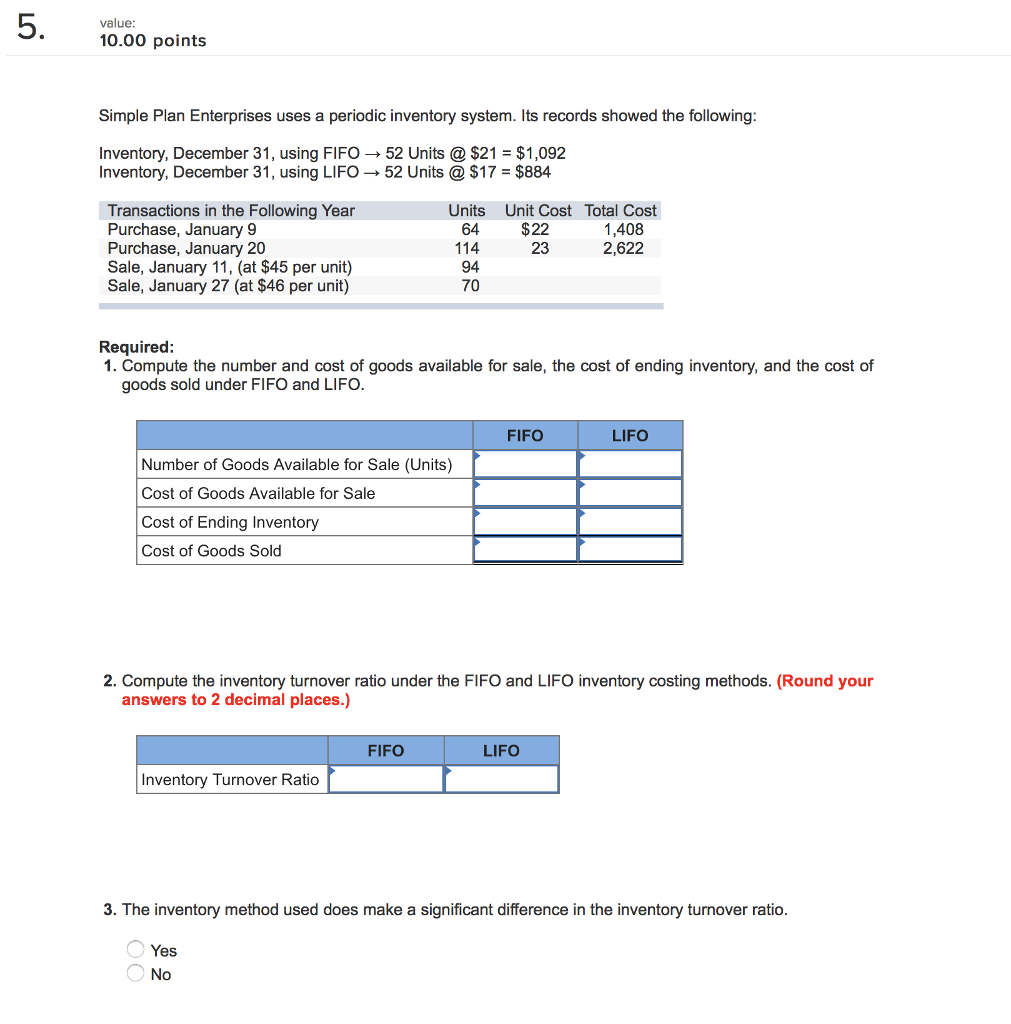  value: 10.00 points Simple Plan Enterprises uses a periodic inventory system.