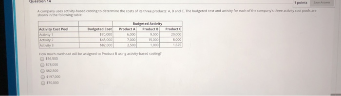  1 points Save Ane A company uses activity based costing to
