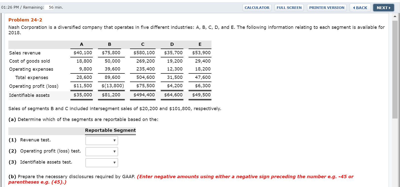 01:26 PM / Remaining: 56 min. CALCULATOR FULL SCREEN PRINTER VERSION