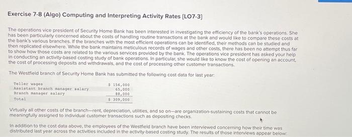  Please solve Exercise 7-8 (Algo) Computing and Interpreting Activity Rates [LO7-3]