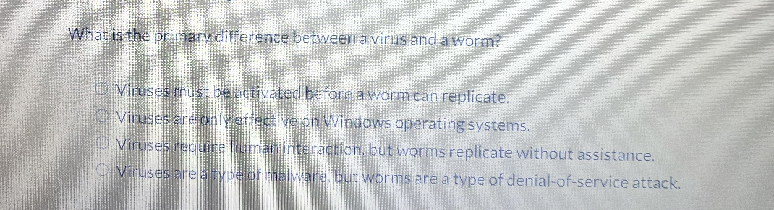  What is the primary difference between a virus and a worm?