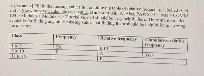 please help 6. [ 3 marks] Fill in the missing values in
