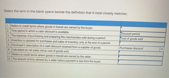  Select the term in the blank space beside the definition that