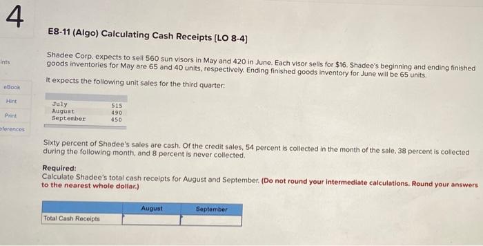  4. E8-11 (Algo) Calculating Cash Receipts [LO 8-4) ints Shadee Corp.