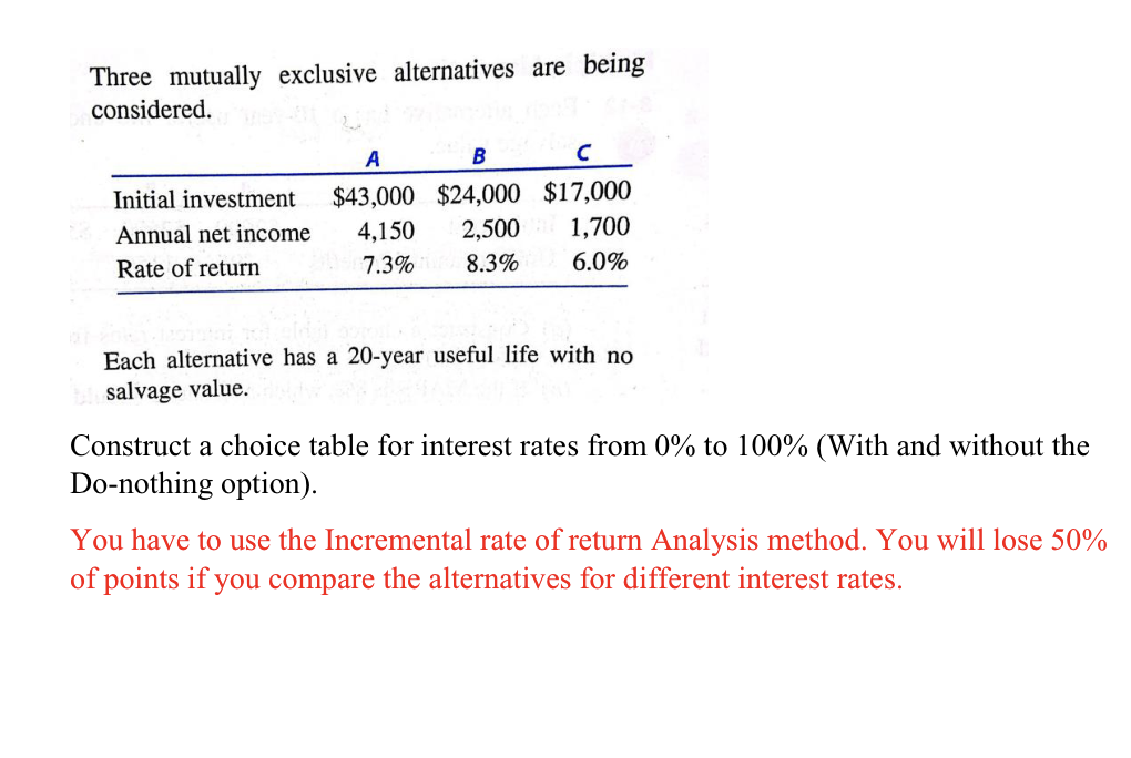  Three mutually exclusive alternatives are being considered. Each alternative has a