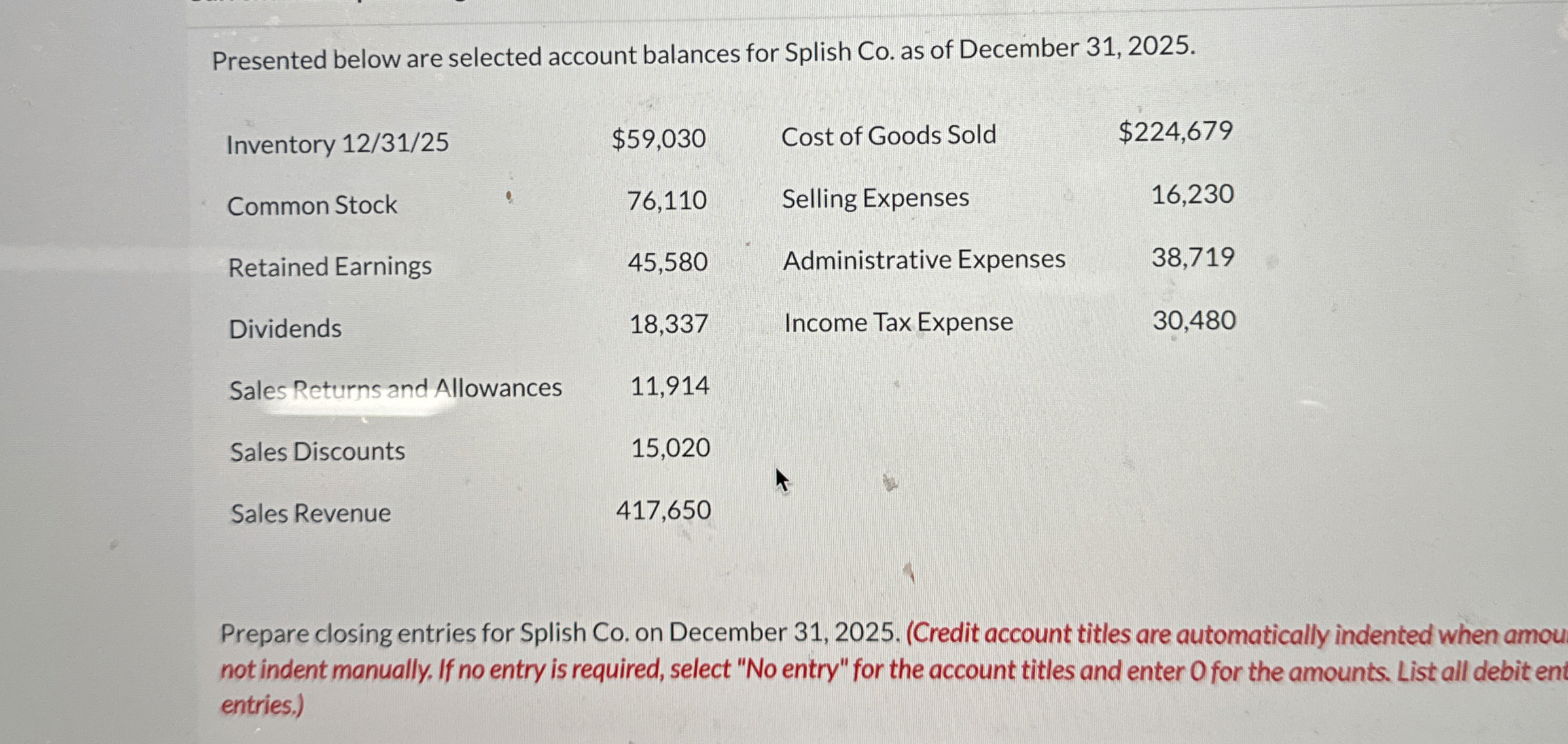  Presented below are selected account balances for Splish Co. as of