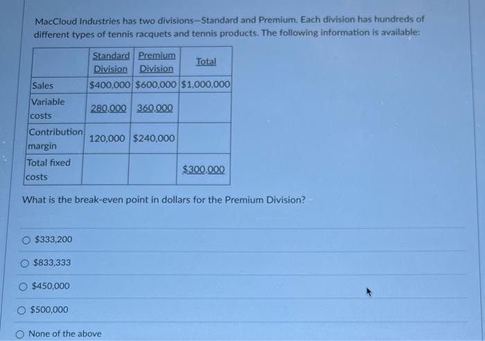  MacCloud Industries has two divisions-Standard and Premium, Each division has hundreds