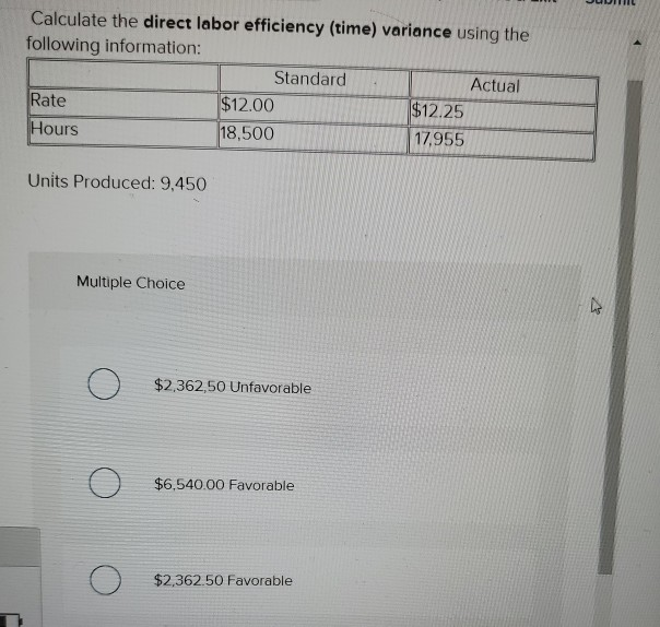 Calculate the direct labor efficiency (time) variance using the following information: