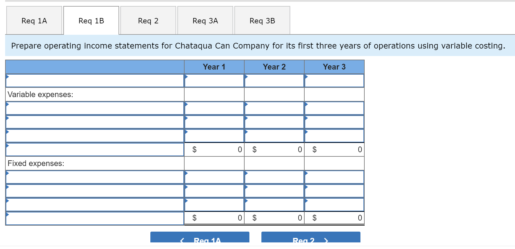 Chataqua Can Company for its first three years of operations using variable