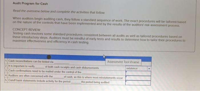  Audit Program for Cash Read the overview below and complete the