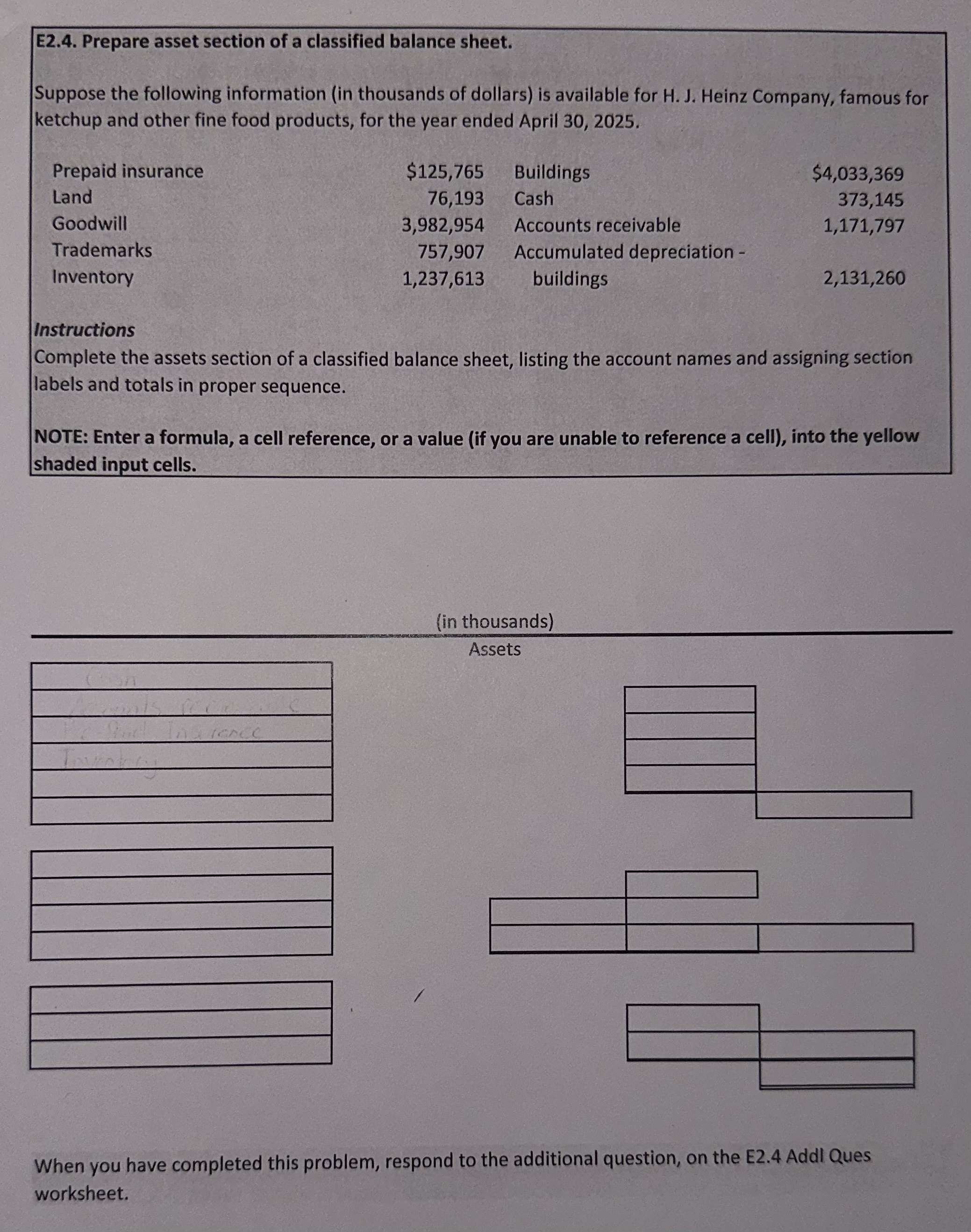  E2.4. Prepare asset section of a classified balance sheet. Suppose the