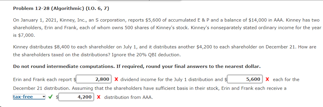  Problem 12-28(Algorithmic)(LO.6,7) On January 1,2021, Kinney, Inc., an S corporation, reports