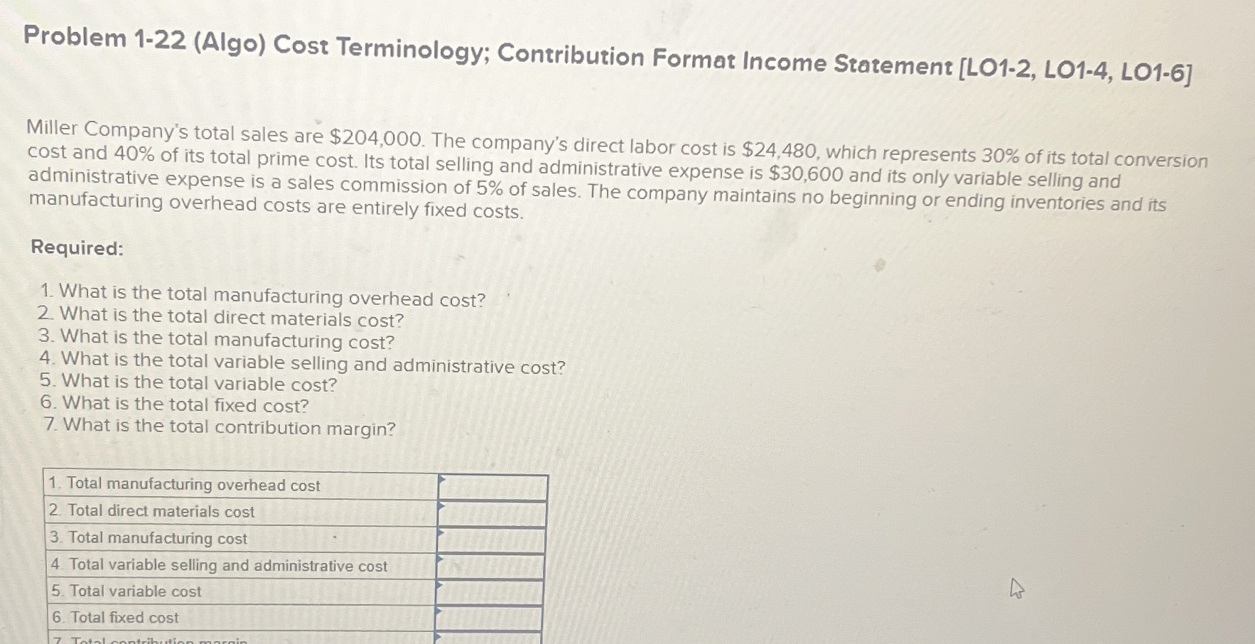  Problem 1-22(Algo) Cost Terminology; Contribution Format Income Statement [LO1-2, LO1-4, LO1-6]