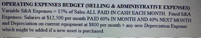 600 units @ avg. sells $ per of $80 S&A EXPENSES BUDGET