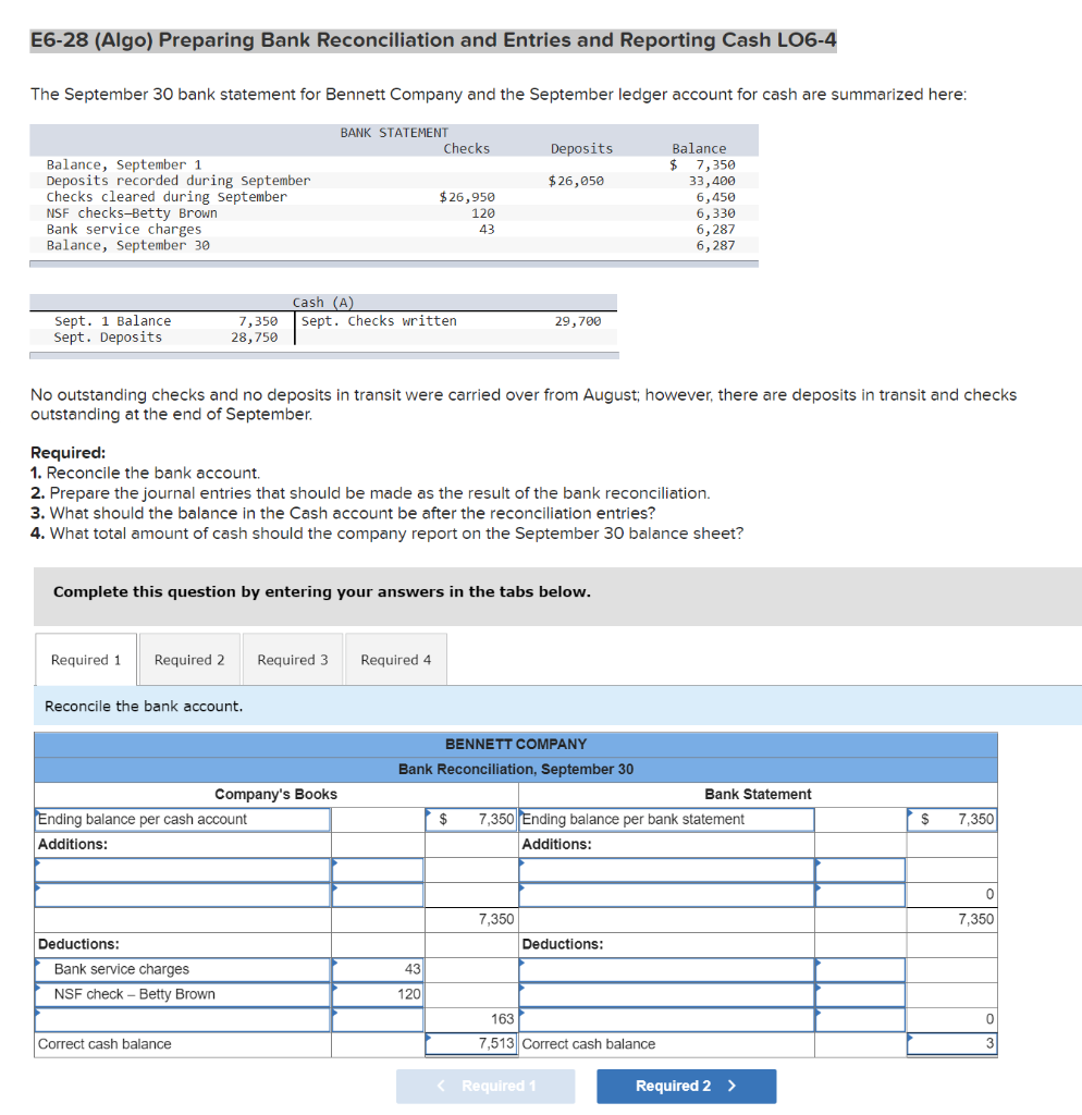  Please show formulas, steps, work and answer. E6-28 (Algo) Preparing Bank