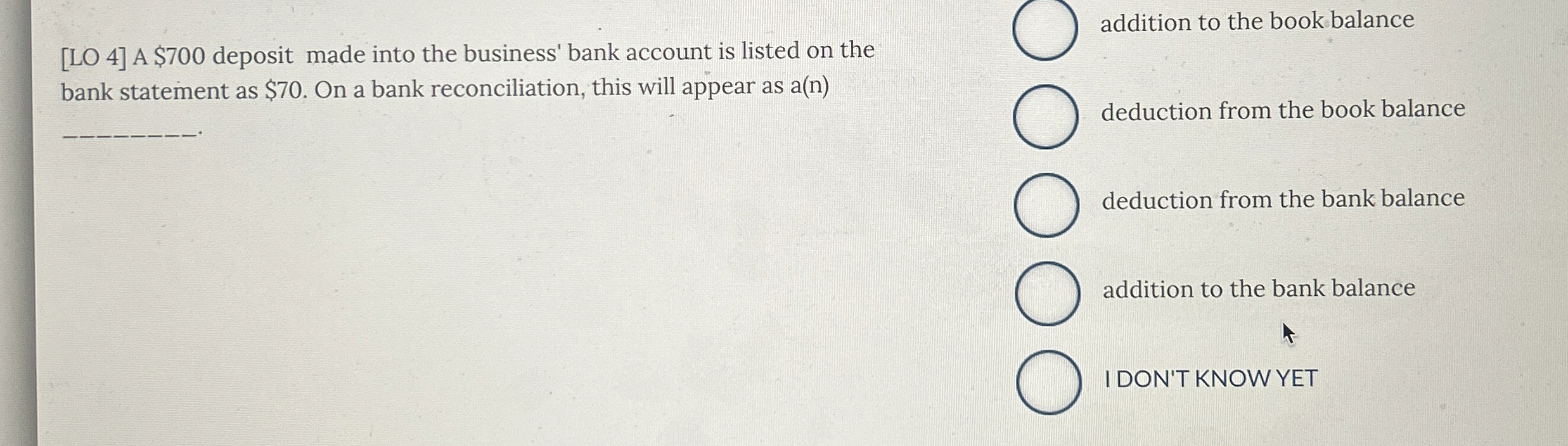  [LO 4] A $700 deposit made into the business' bank account