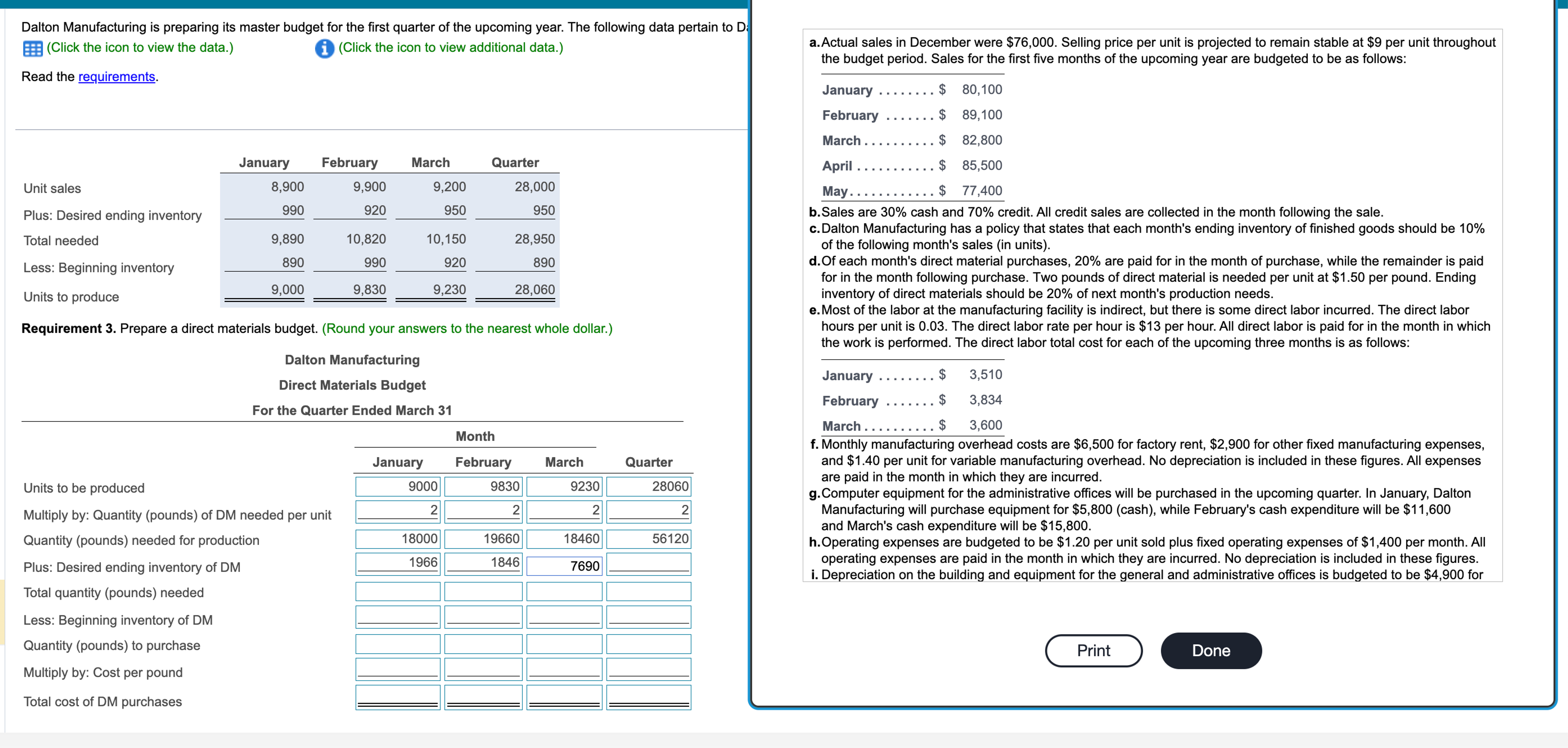  Dalton Manufacturing is preparing its master budget for the first quarter