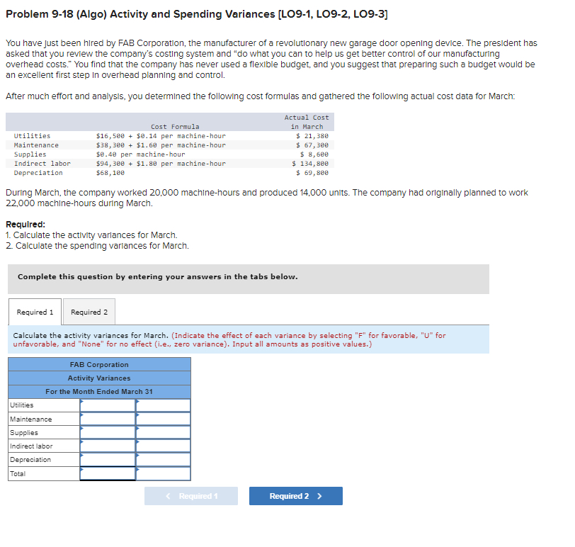  Problem 9-18(Algo) Activity and Spending Variances [LO9-1, LO9-2, LO9-3] You have