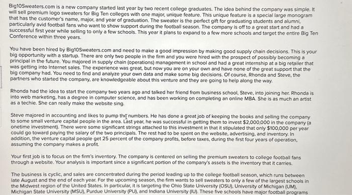 PLEASE HELP WITH A AND B Big10Sweaters.com is a new company started