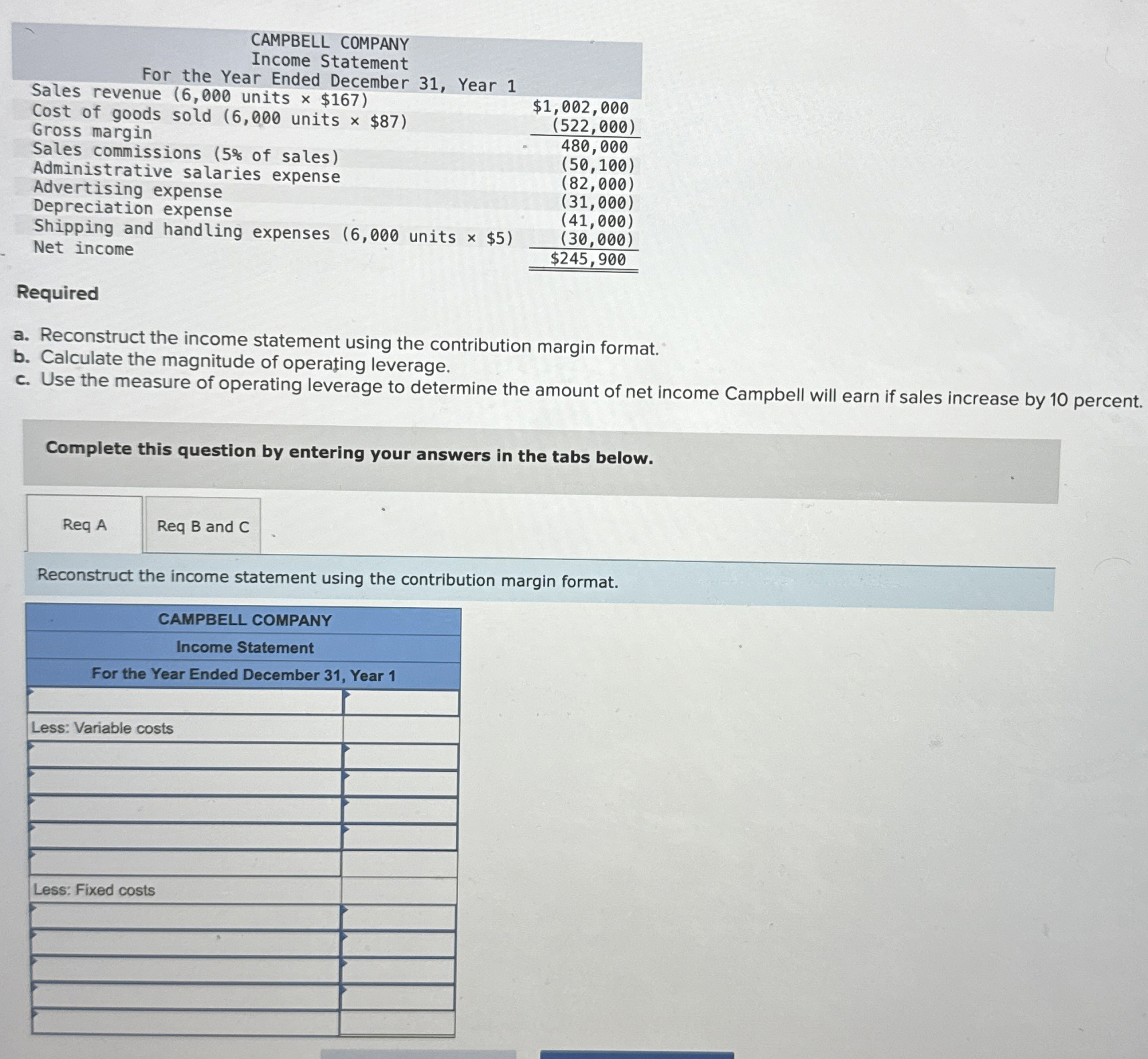  Required a. Reconstruct the income statement using the contribution margin format.
