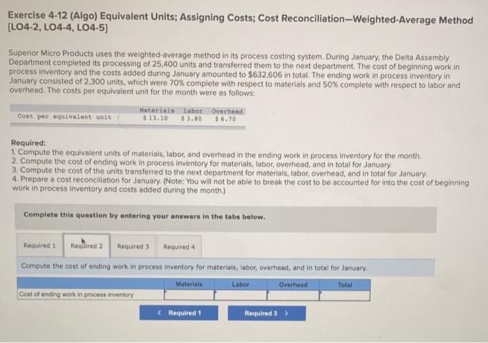 L04-4, LO4-5] Superior Micro Products uses the weighted average method in its