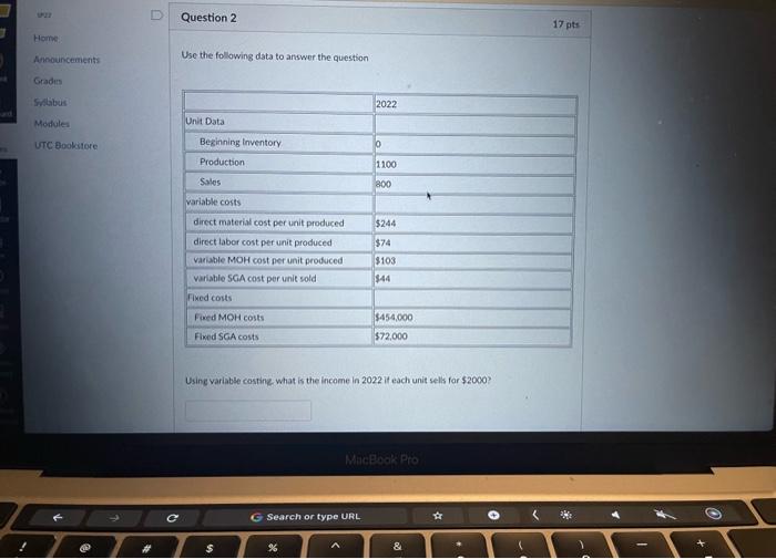 what is the income in 2022 if each unit sells for $2000