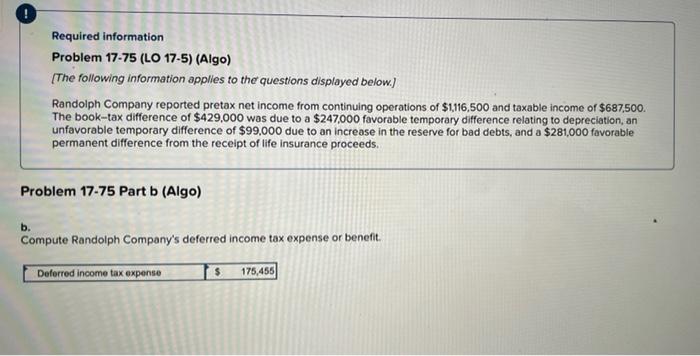 plz answer ! Required information Problem 17-75 (LO 17-5) (Algo) [The following