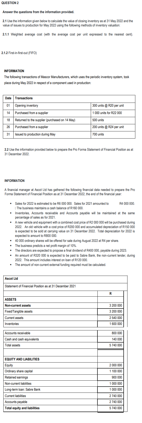 QUESTION 2 Answer the questions from the information provided. 2.1 Use
