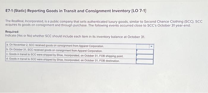  E7-1 (Static) Reporting Goods in Transit and Consignment Inventory [LO 7-1]