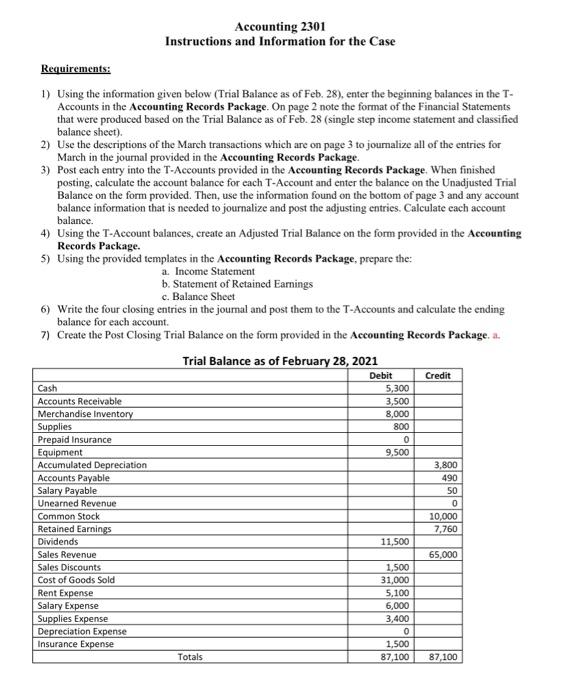  Requirements: 1) Using the information given below (Trial Balance as of