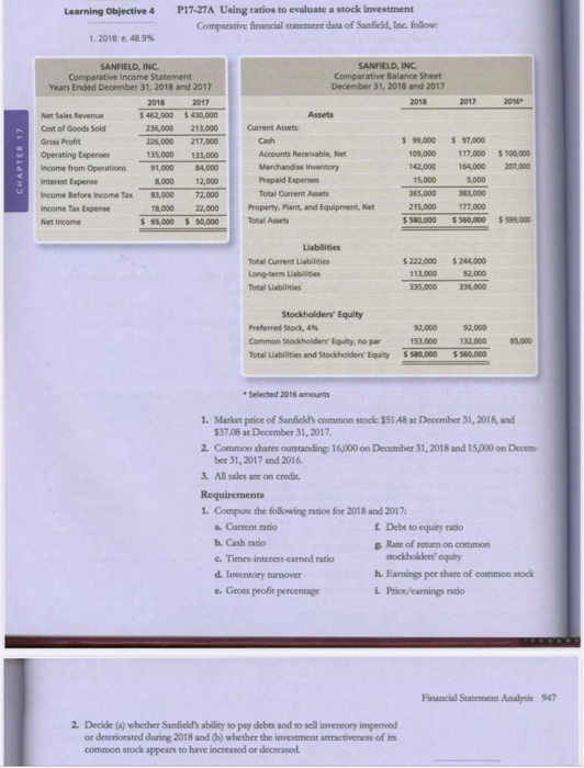  Learning Objective 4 P17-27A Using ratios to evaluate a stock investment