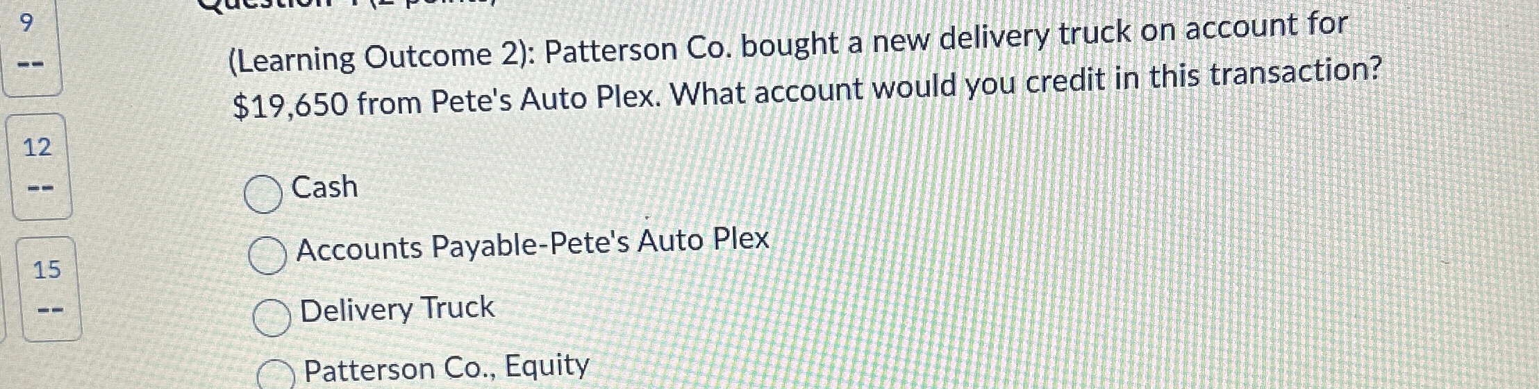  (Learning Outcome 2): Patterson Co. bought a new delivery truck on