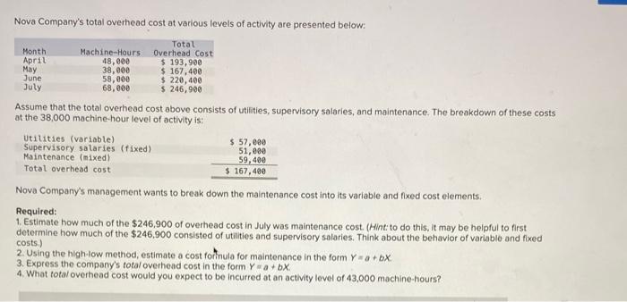  please help!! Nova Company's total overhead cost at various levels of