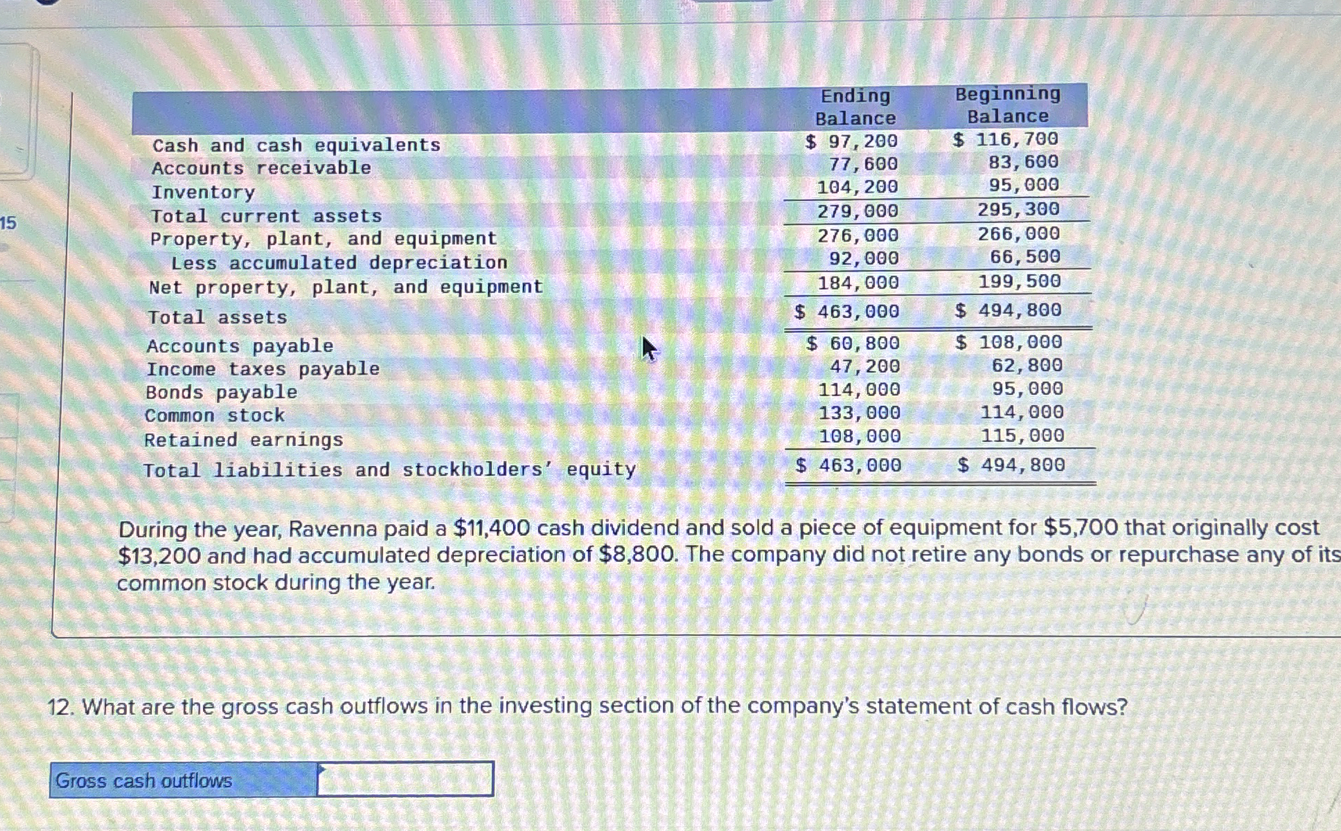  \table[[,Ending Balance,\table[[Beginning],[Balance]]],[Cash and cash equivalents,$97,200,$116,700 