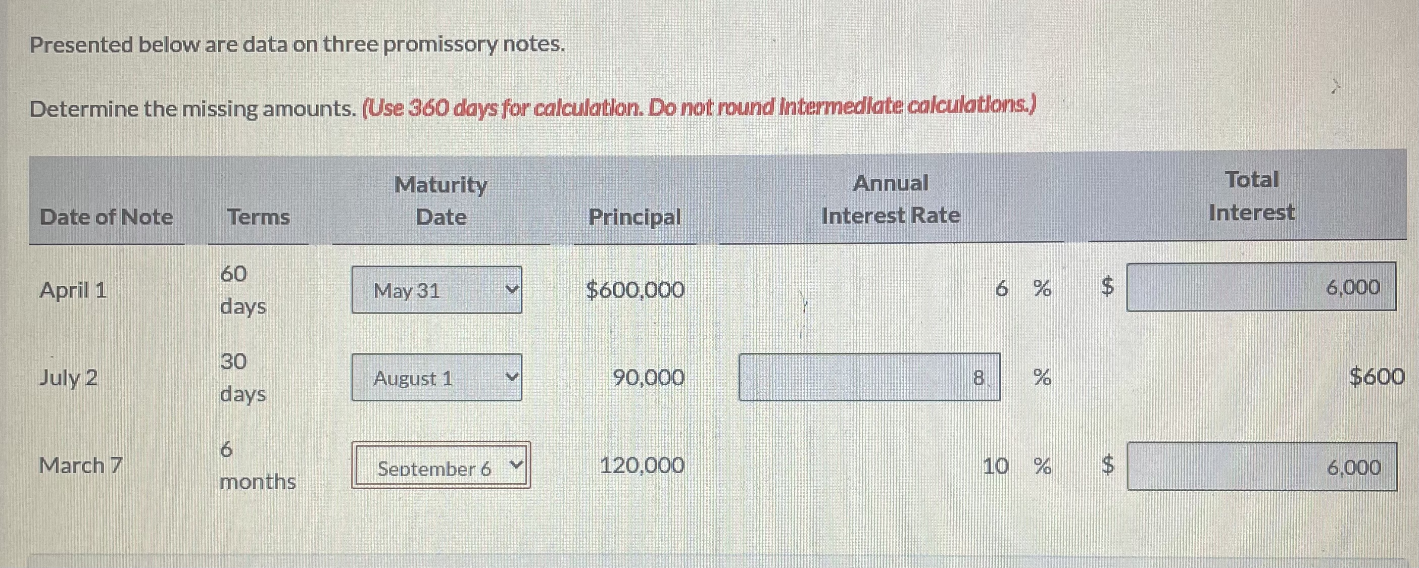  Presented below are data on three promissory notes. Determine the missing