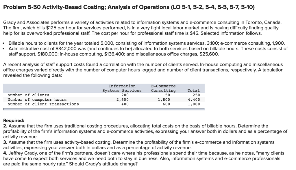 Problem 5-50 Activity-Based Costing; Analysis of Operations (LO 5-1, 5-2, 5-4,
