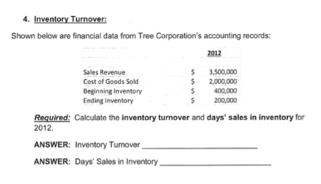  4. Inventory Turnover Shown below are financial data from Tree Corporation's