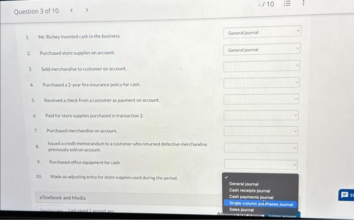 journal in which each of the following transactions is recorded. Question 3