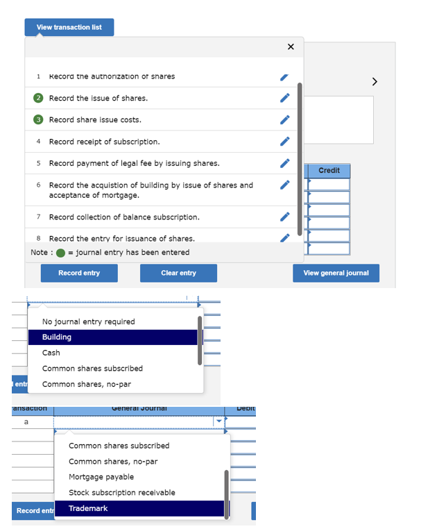 are: No Journal Entry Required, Building, Cash, Common shares subscribed, Common shares,