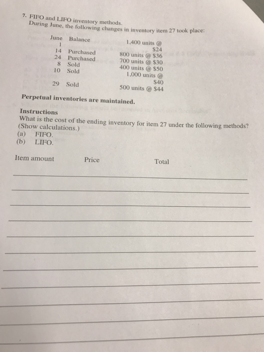  7. FIFO and LIFO inventory methods. uring June, the following changes
