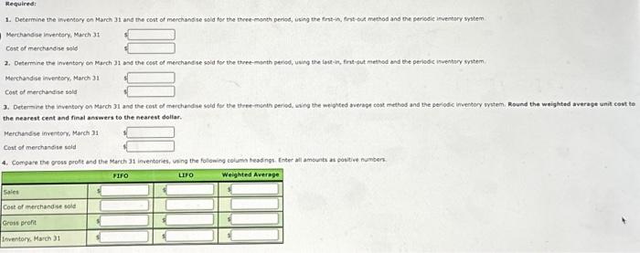 and data on purchases and sales for a three-month period ending March